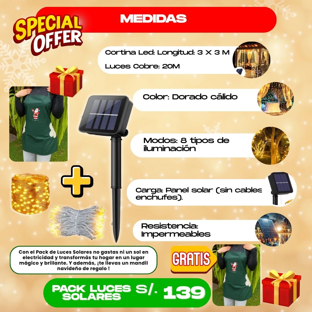 PACK NAVIDEÑO (CORTINA DE LUCES LED SOLARES + LUCES SOLARES DE COBRE)+ REGALO- L0244
