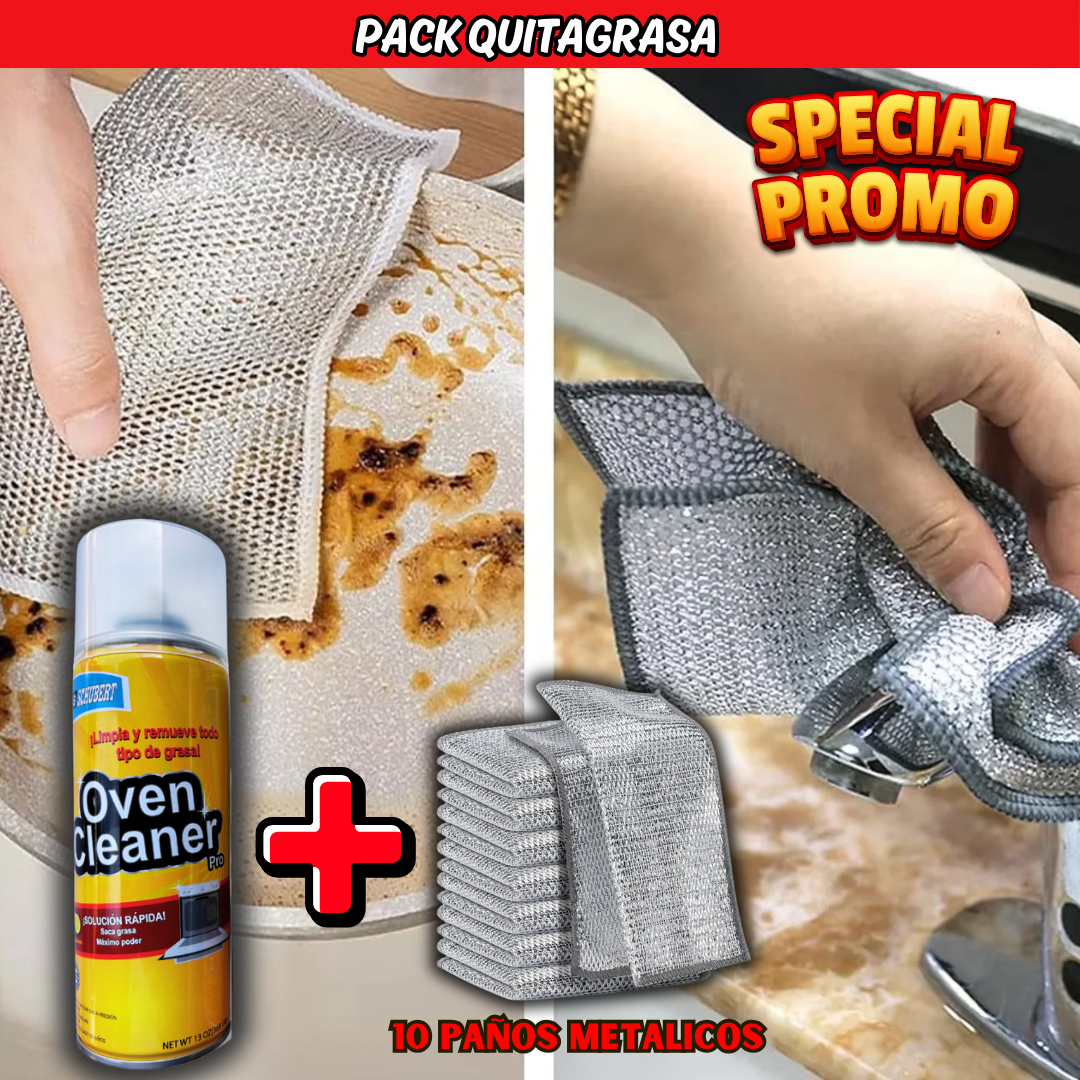 PACK QUITAGRASA (LIMPIADOR DE HORNOS+ 10 PAÑOS METALICOS)- L0118