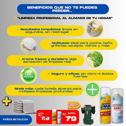 KIT LIMPIADOR ( 1 OVEN + 1 ESPUMA + 3 PAÑOS) + 1 REGALO - L0243