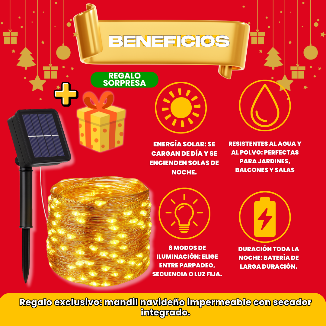 2 LUCES SOLARES DORADO (20 M) + REGALO GRATIS - L0230