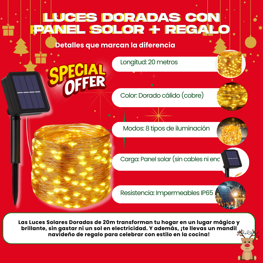 LUCES SOLARES DORADO (20 M) + REGALO GRATIS - L0232