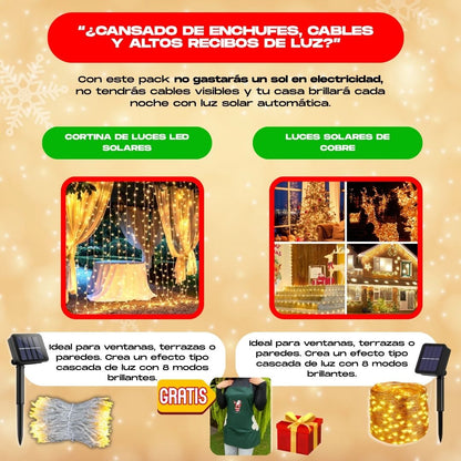 PACK NAVIDEÑO (CORTINA DE LUCES LED SOLARES + LUCES SOLARES DE COBRE)+ REGALO- L0244