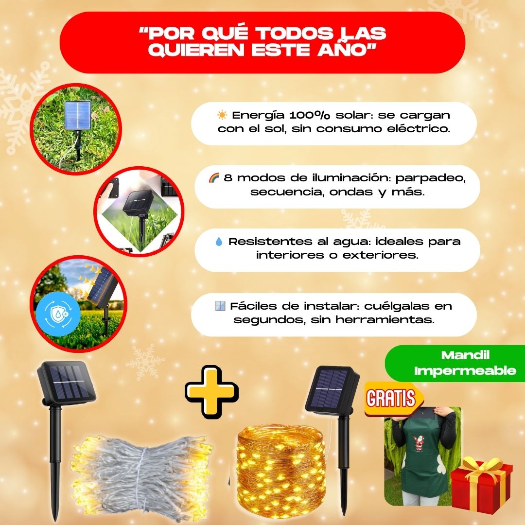 PACK NAVIDEÑO (CORTINA DE LUCES LED SOLARES + LUCES SOLARES DE COBRE)+ REGALO- L0244