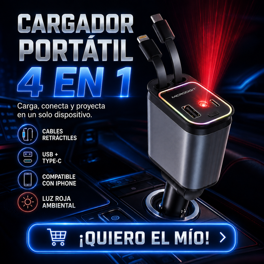 CARGADOR PORTATIL DE AUTO 4 EN 1 (LUZ LED INTEGRADO) - CAR1