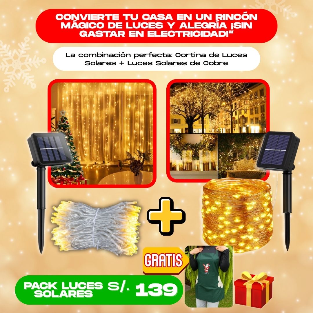 PACK NAVIDEÑO (CORTINA DE LUCES LED SOLARES + LUCES SOLARES DE COBRE)+ REGALO- L0244