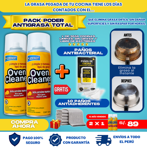 PACK ANTIGRASA TOTAL 360° (2 OVEN CLEANER + PAÑOS ANTIBACTERIAL + REGALO) - L0285