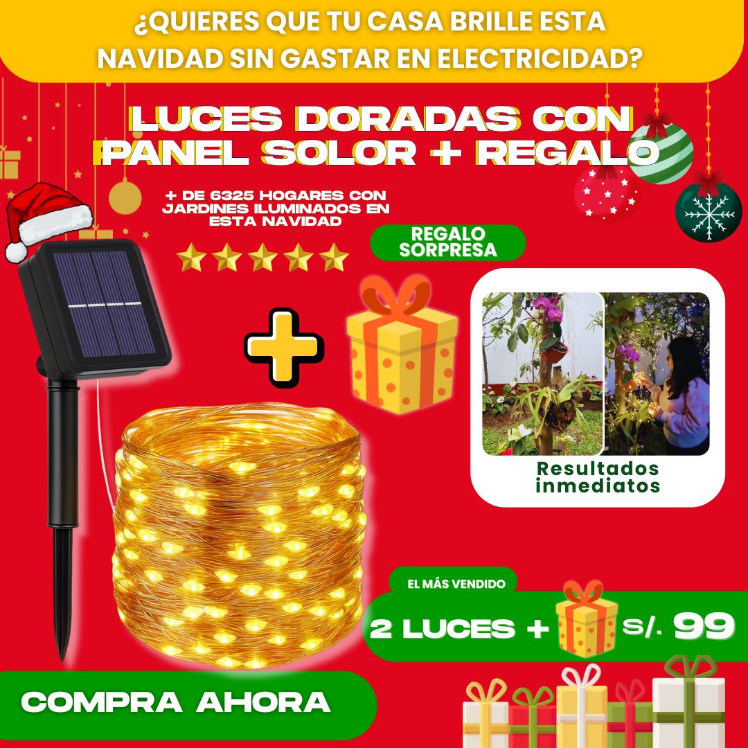 2 LUCES SOLARES DORADO (20 M) + REGALO GRATIS - L0230