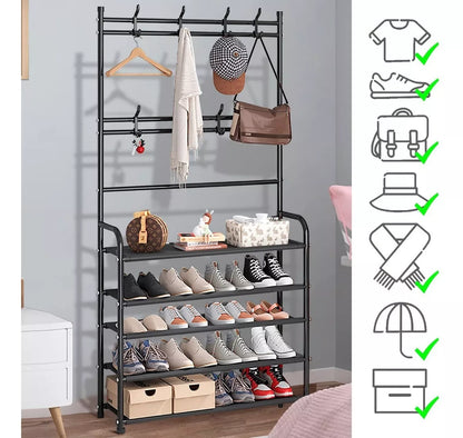 ESTANTE DE ZAPATOS 5 NIVELES, ZAPATERA DE METAL + PERCHERO ORGANIZADOR