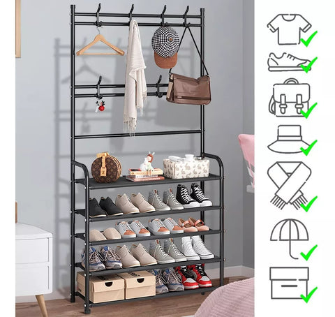 ESTANTE DE ZAPATOS 5 NIVELES, ZAPATERA DE METAL + PERCHERO ORGANIZADOR