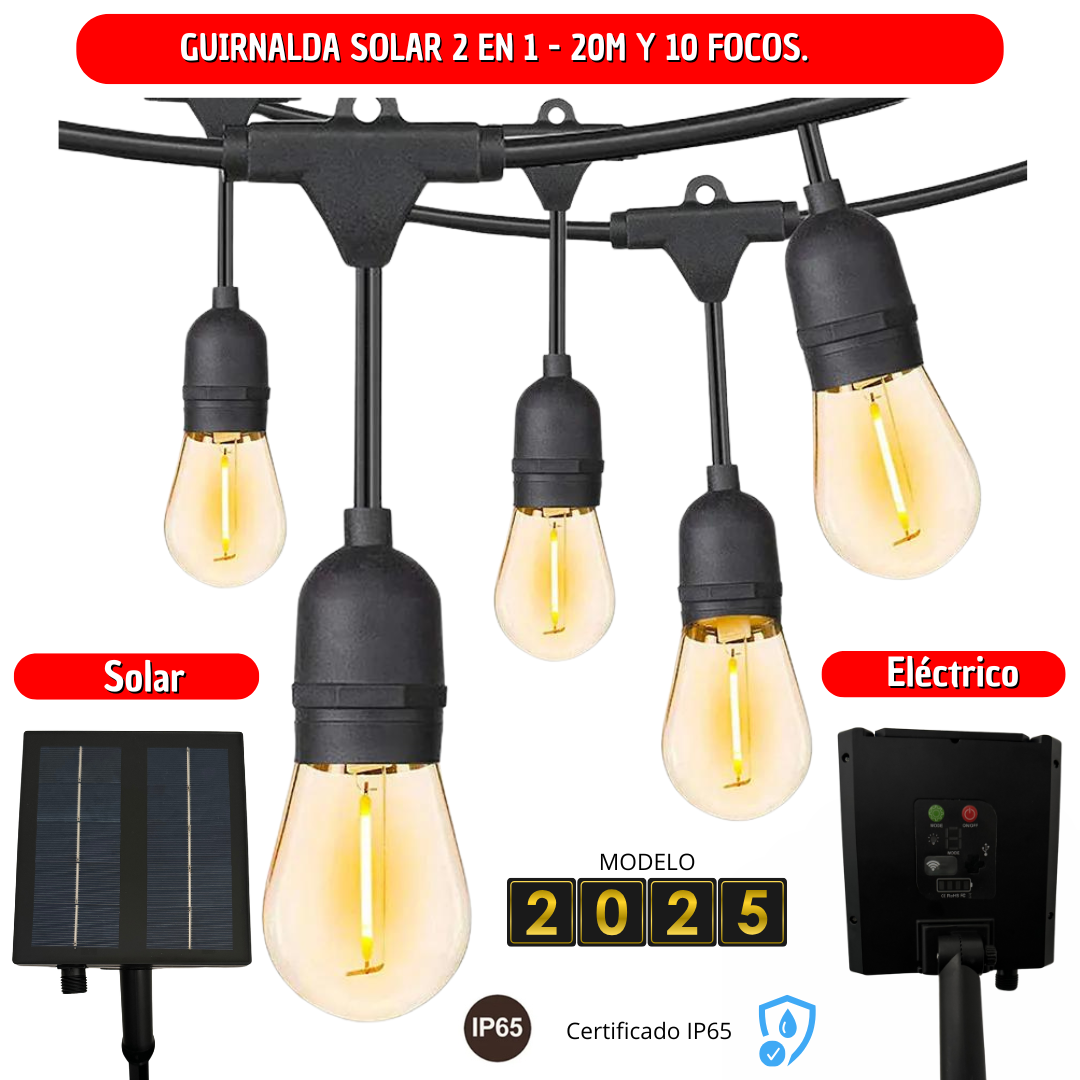 GUIRNALDA COLGANTE SOLAR Y ELÉCTRICA 2 EN 1 (10M y 20 FOCOS) - L0167