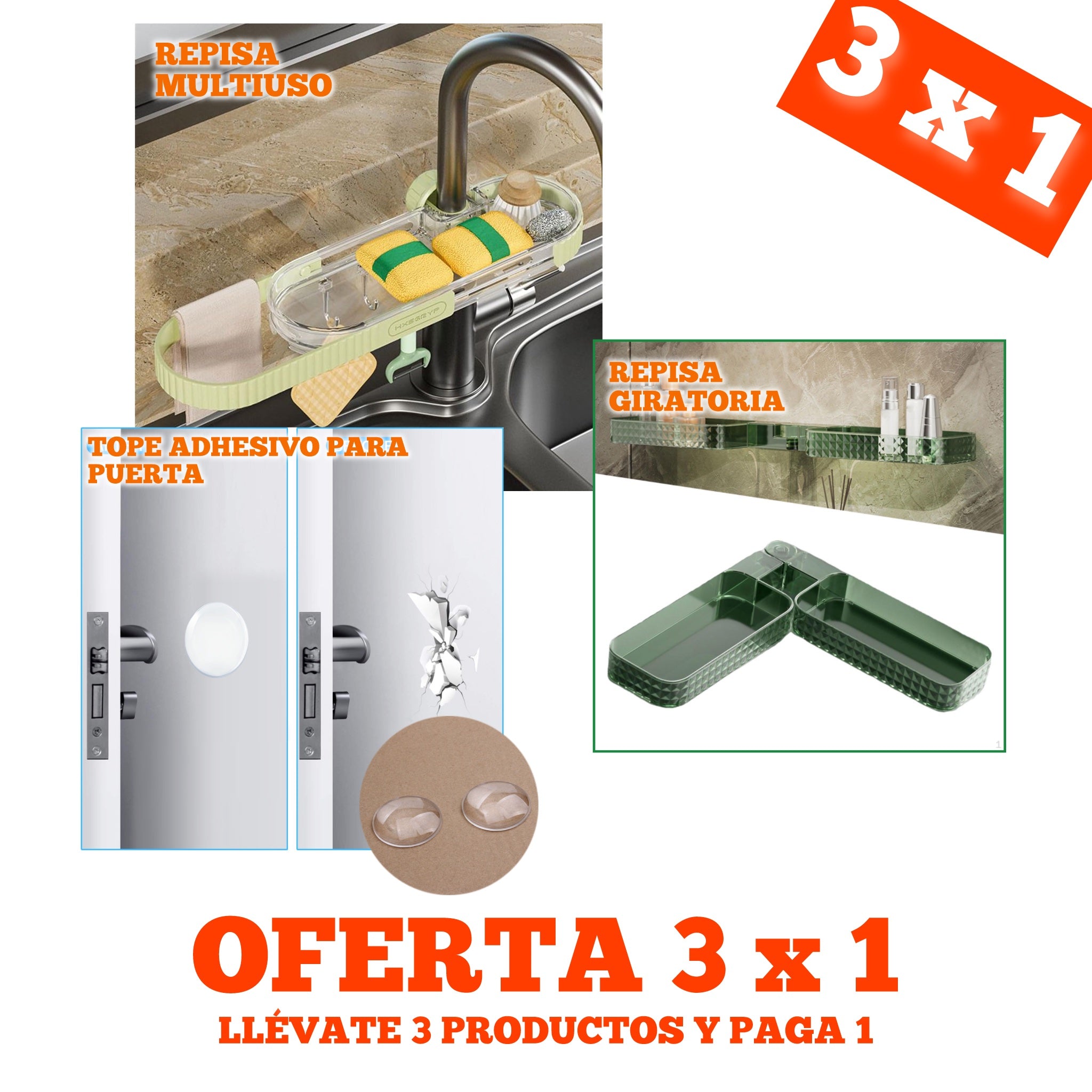 OFERTA 3x1 LLÉVATE 1 REPISA MULTIUSO + 1 REPISA GIRATORIA + 1 TOPE ADHESIVO PARA PUERTA